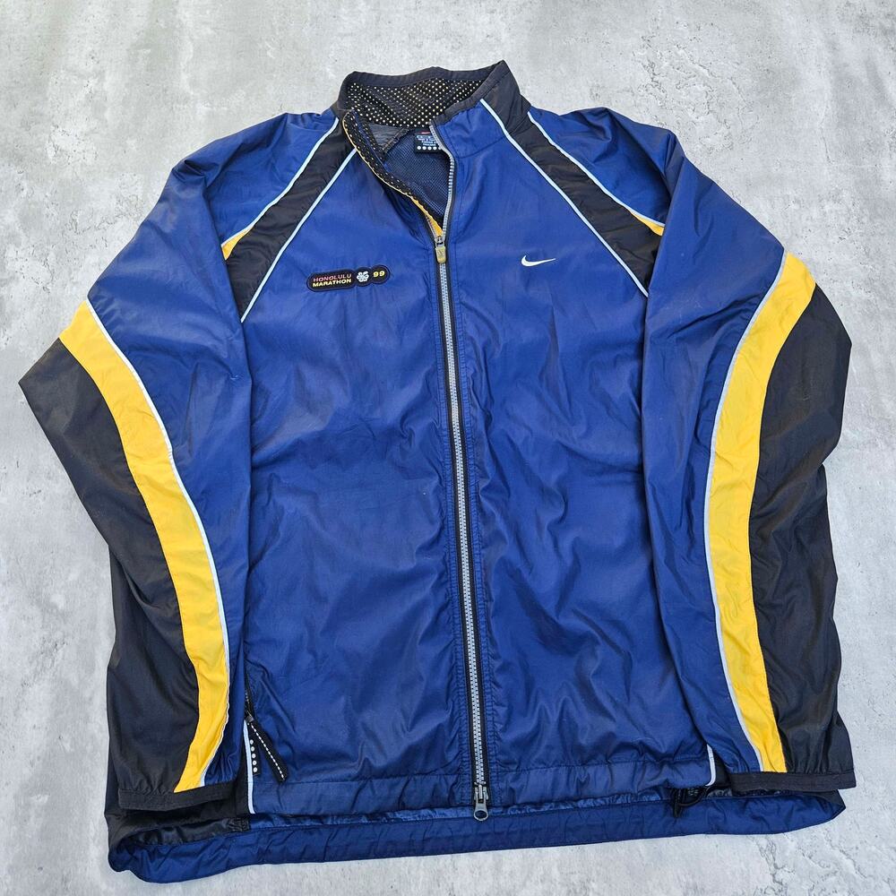 Vintage 90s Nike Mens Wind Breaker Jacket Sz L Blue Full Zip Honolulu Marathon